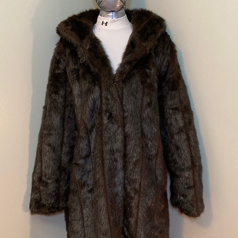 Luxurious Dark Brown Faux Fur Long Coat with Hood